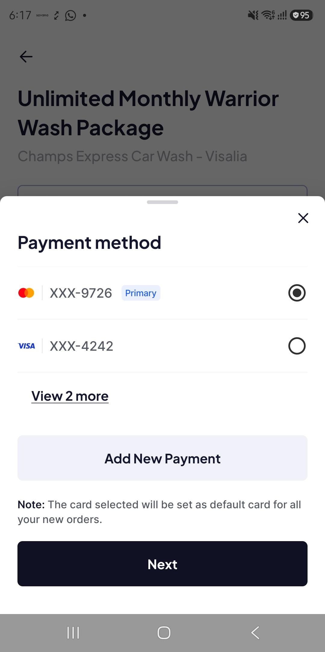 Way app payment method sheet for changing the card on a membership