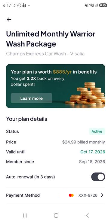 Way app showing an active unlimited wash plan with benefits value, status, price, renewal date and payment method